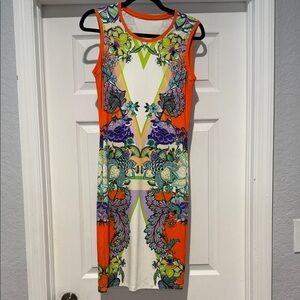 Roberto Cavalli Orange and Multicolor Midi Dress